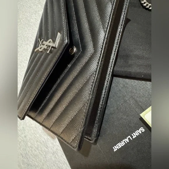 Saint Laurent Cassandre Black Quilted Envelope Leather Chain Wallet Purse - Picture 7 of 11